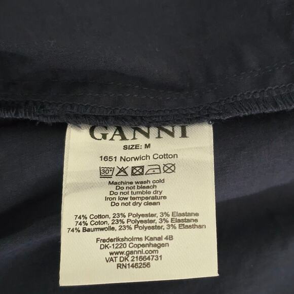 GANNI Navy Blue Poplin Midi Dress M Ruffle Embroidered Boho Luxury Minimalist - Picture 12 of 15